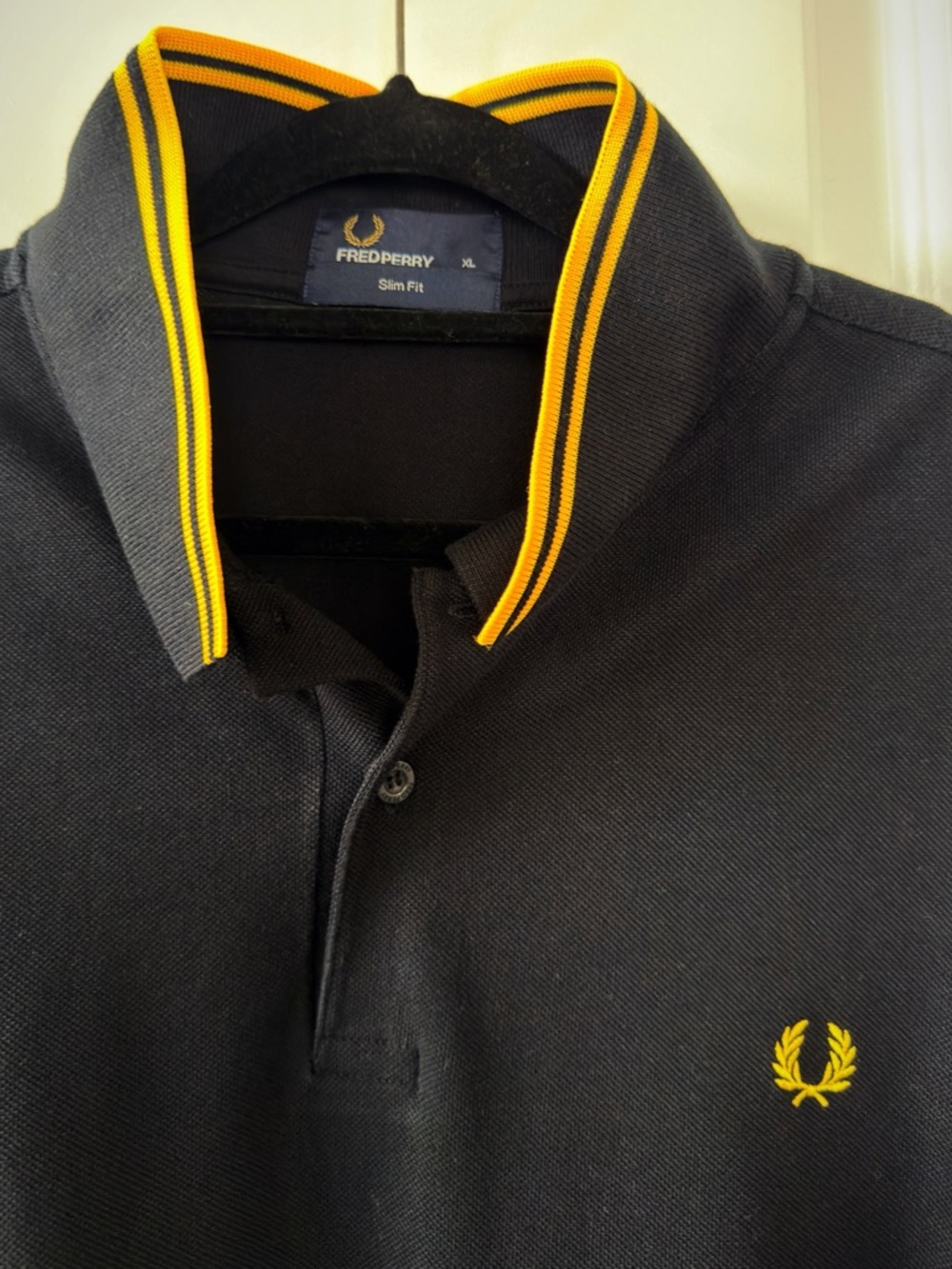Fred Perry Black Polo with Yellow Trim and Laurel Logo Mens Polo Slim Fit Shirt - Picture 2 of 3